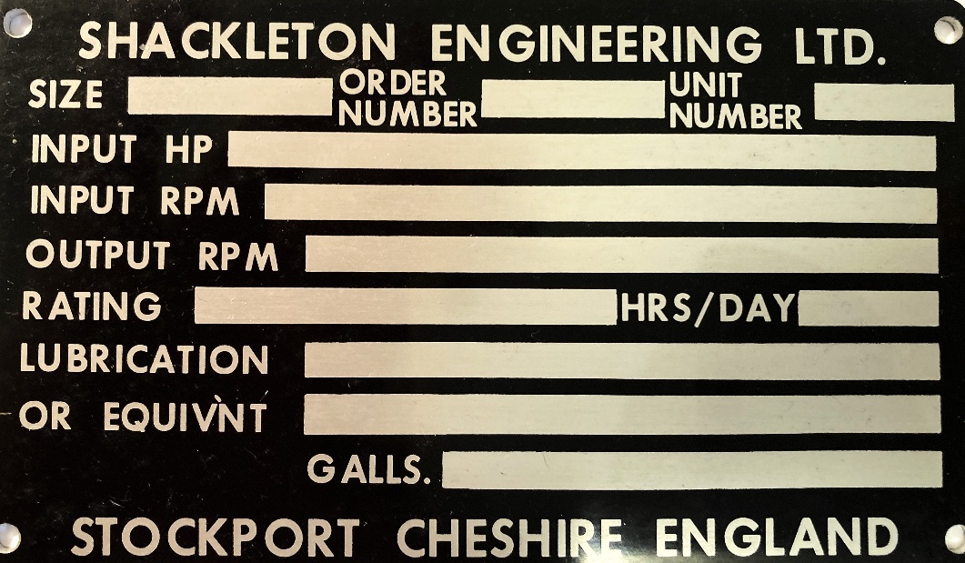 Shackleton Engineering gearbox rating plate - Danross Engineering